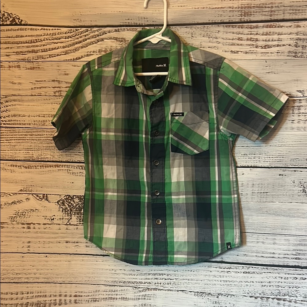 Boys Hurley Green and Gray Plaid Button Down Shirt size 4t